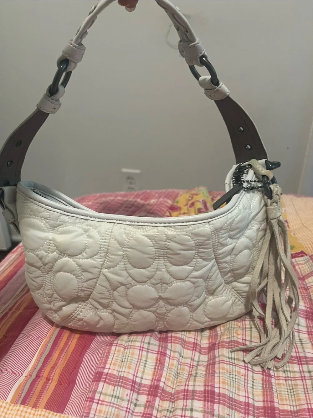 Coach White Leather Shoulder Bag with Tassel and Braided Strap